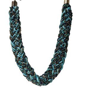 Handcrafted Boho Turquoise Gold Braided Seed Bead Chunky Necklace Retro Fashion